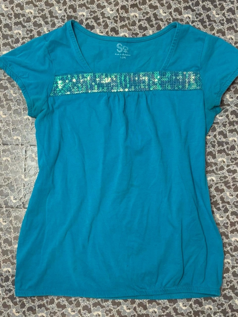 SO Teal Short Sleeve Top with Sequin Trim